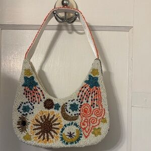 Beaded White Multi-Color Embroidered Shoulder Bag